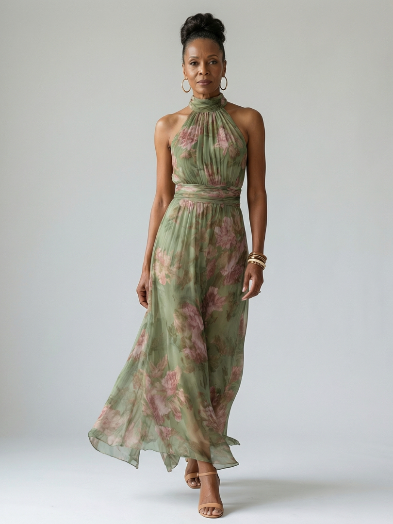 Elegant Gathered Neckline Midi Dress for Summer