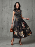 Elegant Keyhole Pleated Midi Dress with High Neck Detail