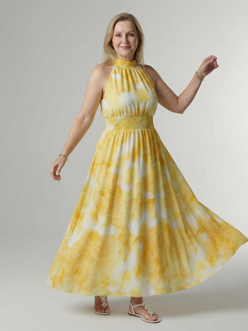 Elegant Smocked Halterneck Midi Dress Summer