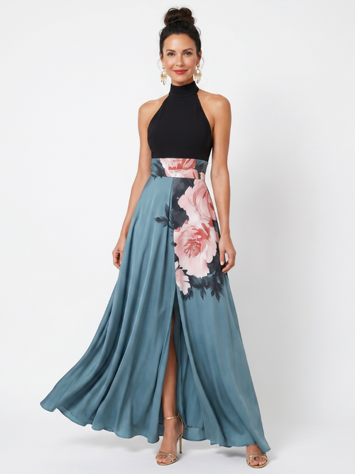 Elegant Floral Halter Maxi Dress Lightweight Summer Fit