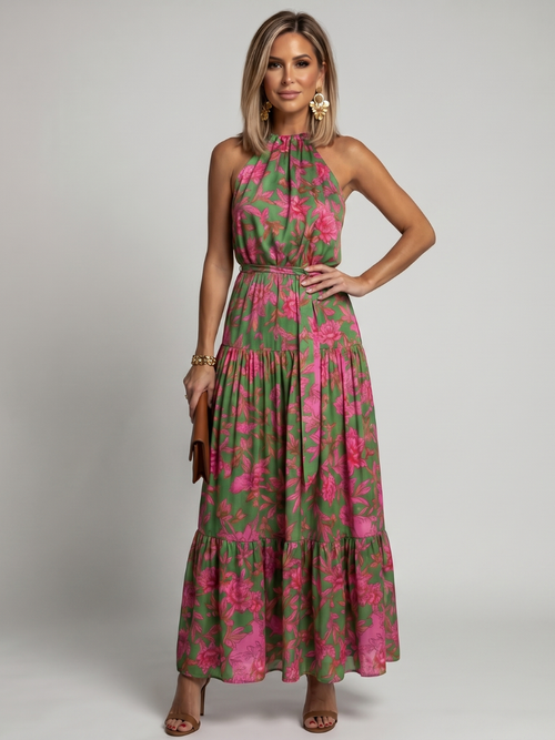 Elegant Draped Halter Midi Dress for Summer Evenings