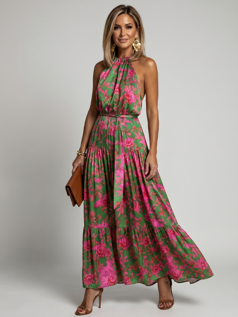 Elegant Draped Halter Midi Dress for Summer Evenings