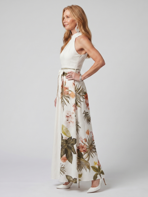 Elegant Botanical Print Halter Maxi Dress Summer Flowy Fit