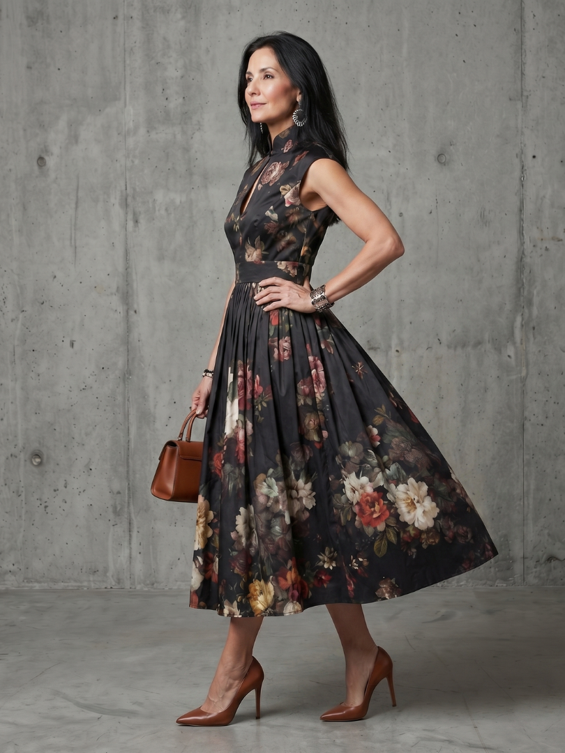 Elegant Keyhole Pleated Midi Dress with High Neck Detail