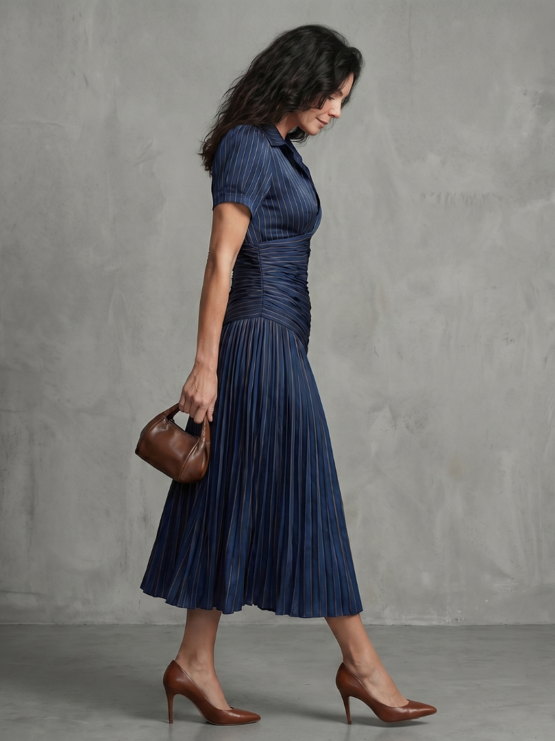 Elegant Pleated Midi Dress with Waistband Detail
