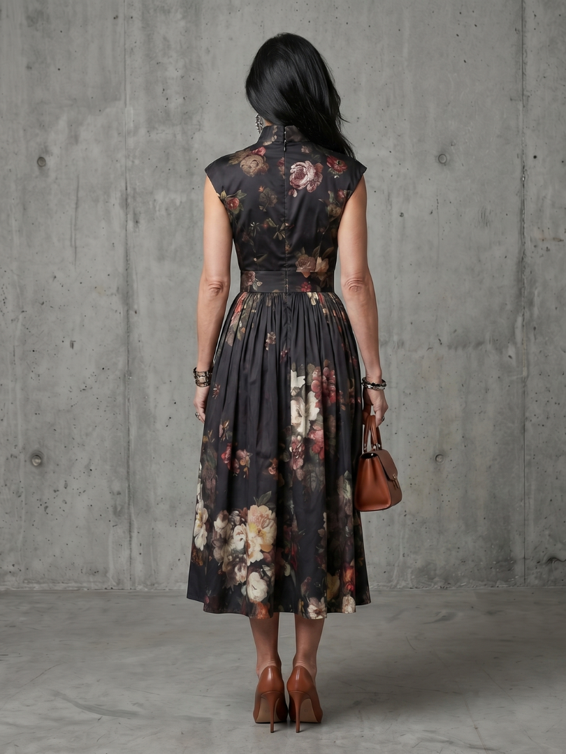 Elegant Keyhole Pleated Midi Dress with High Neck Detail