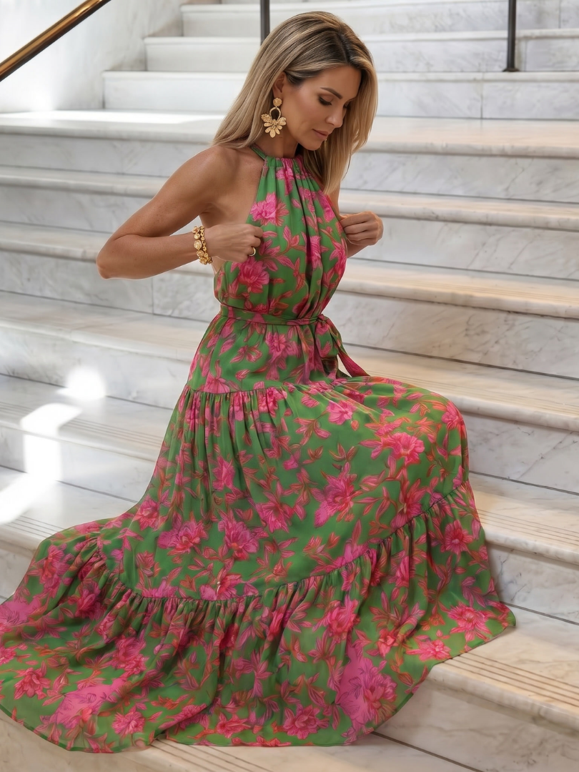 Elegant Draped Halter Midi Dress for Summer Evenings