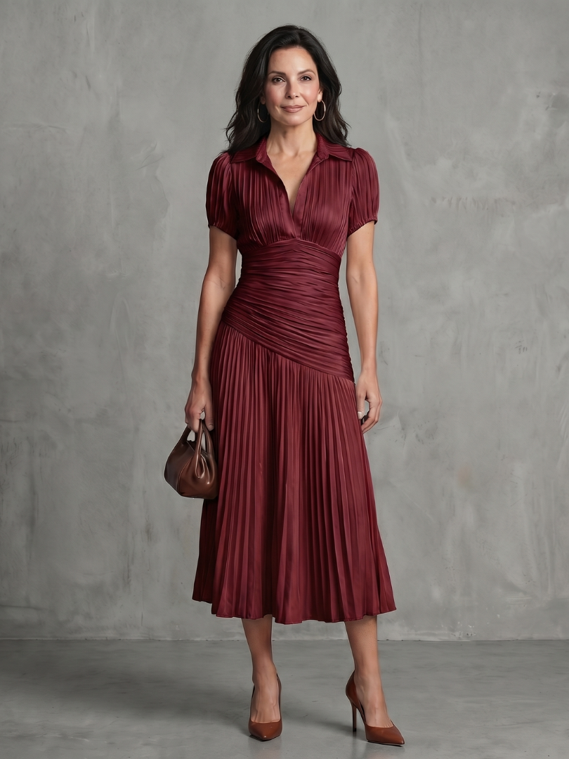 Elegant Pleated Midi Dress with Waistband Detail