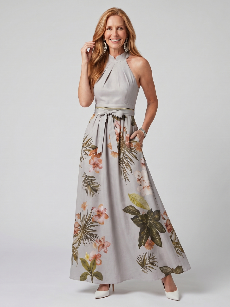 Elegant Botanical Print Halter Maxi Dress Summer Flowy Fit