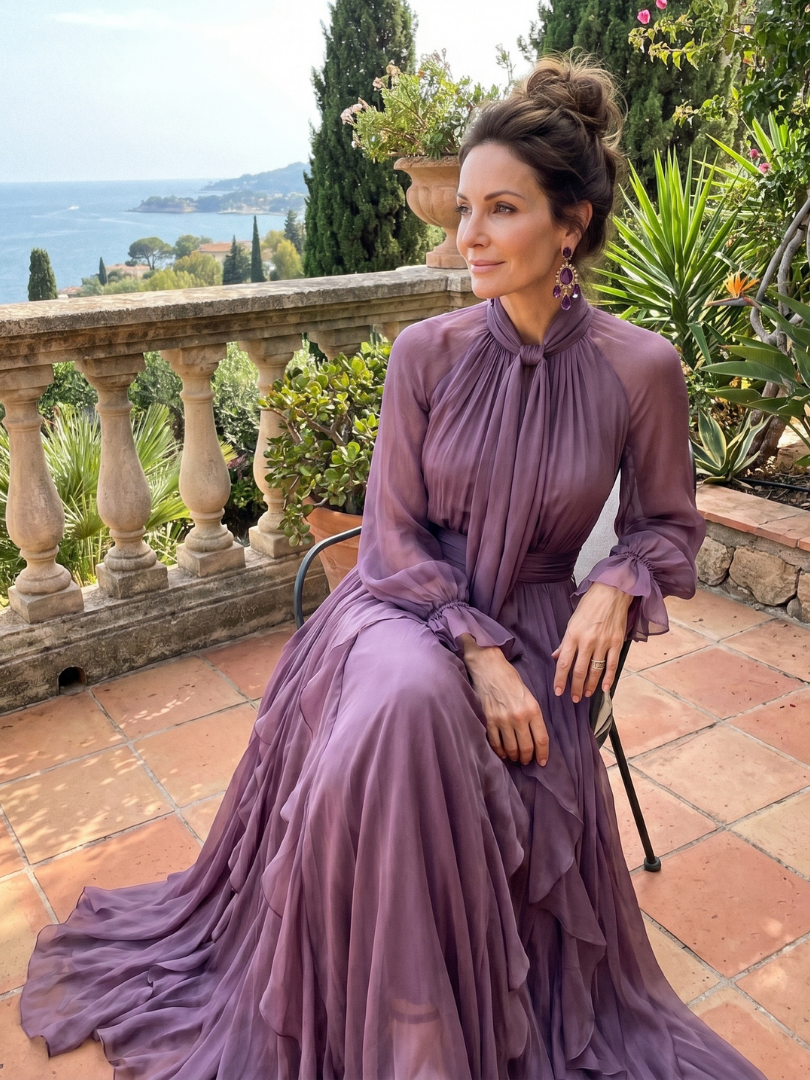Elegant Tiered Ruffle Maxi Dress with Neck Tie Detail