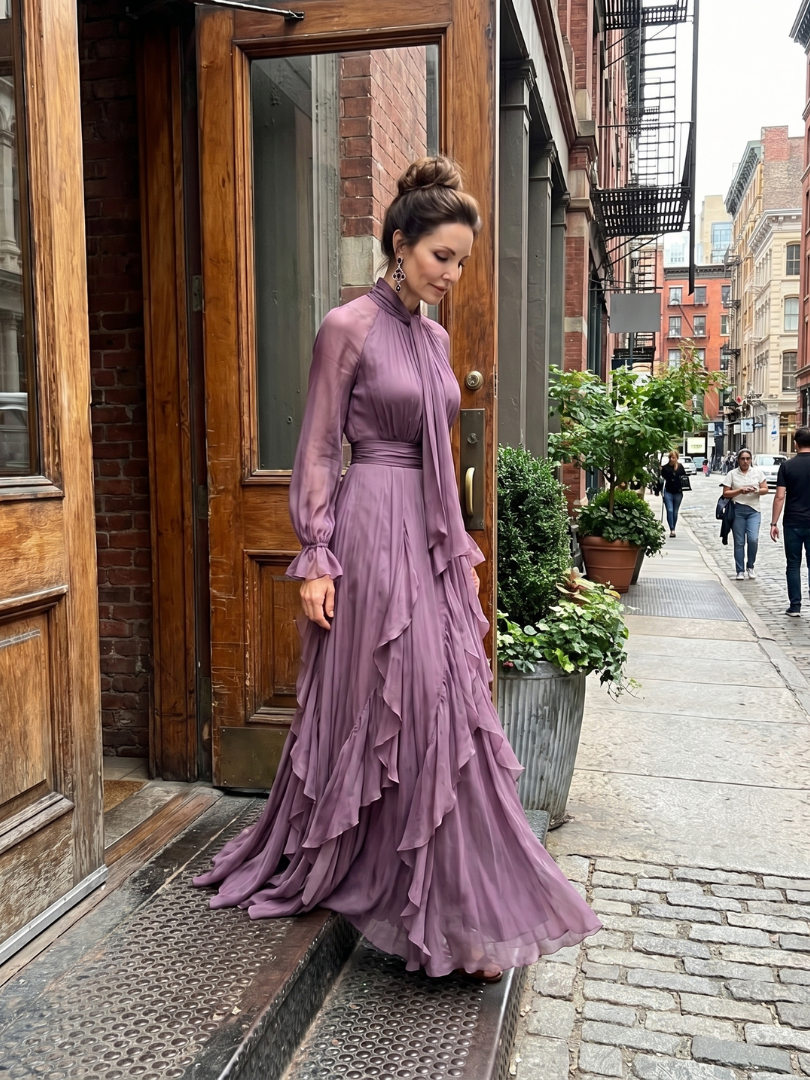 Elegant Tiered Ruffle Maxi Dress with Neck Tie Detail