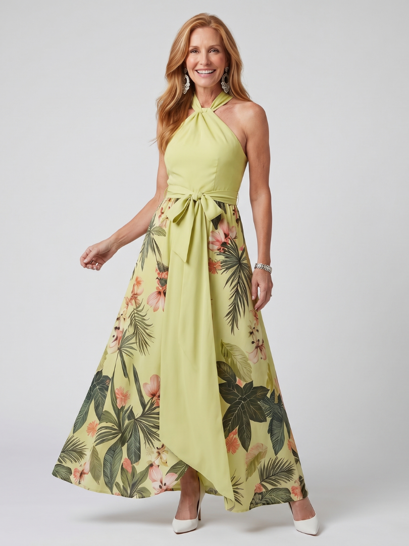 Elegant Botanical Print Halter Maxi Dress Summer Flowy Fit