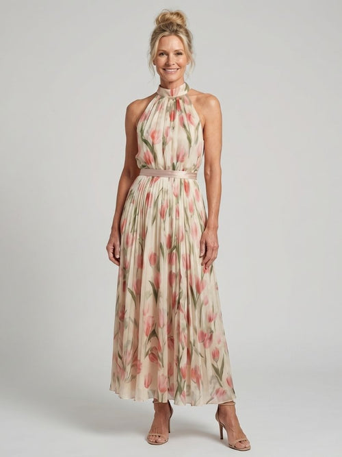 Elegant Floral Midi Dress with Neck Tie Detail for Spring