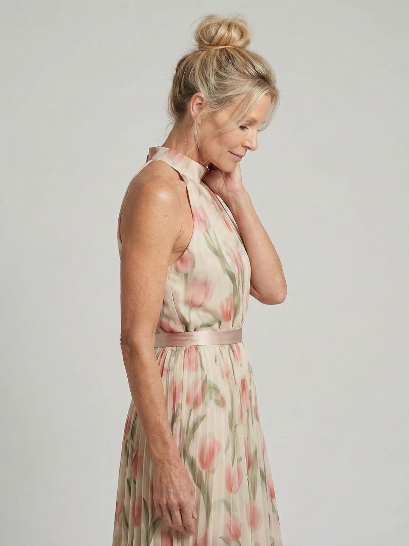Elegant Floral Midi Dress with Neck Tie Detail for Spring