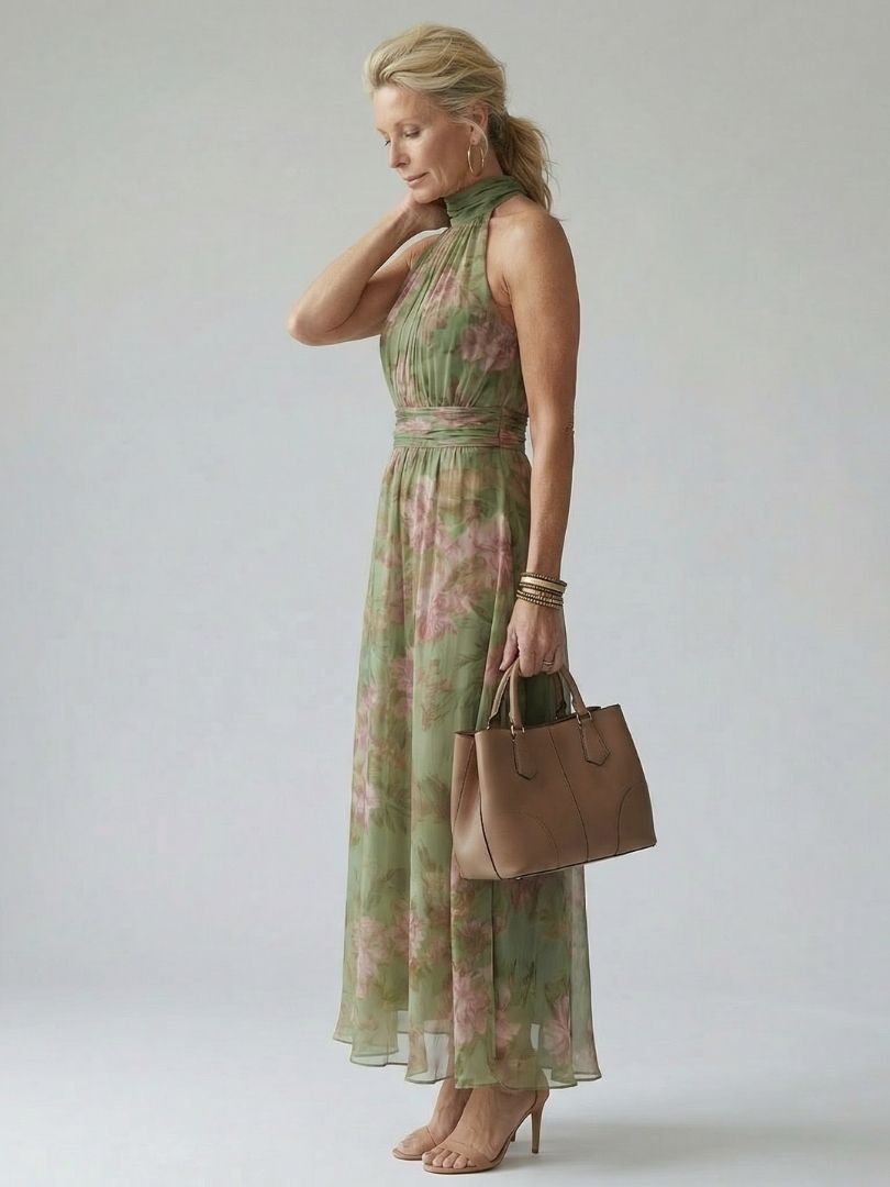 Elegant Gathered Neckline Midi Dress for Summer