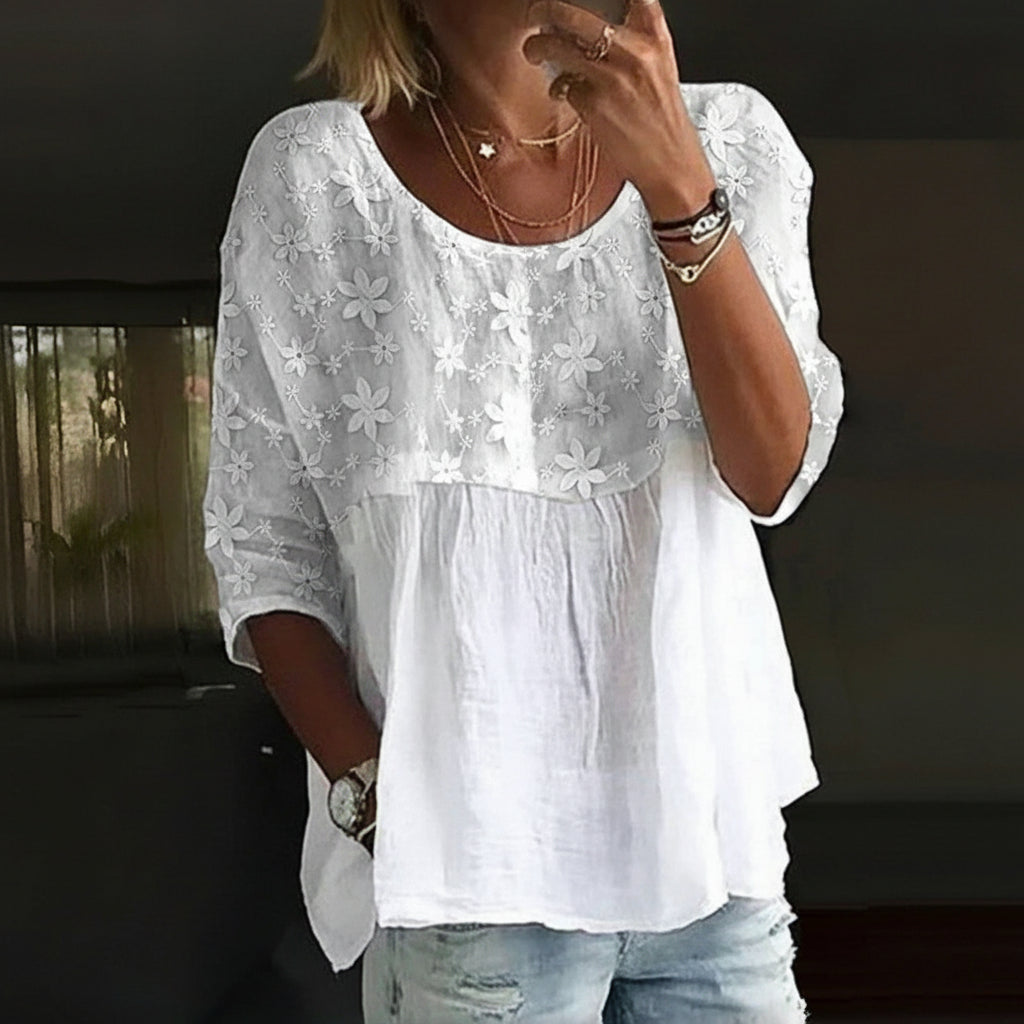 Elegant Floral Embroidered Patchwork Summer Blouse