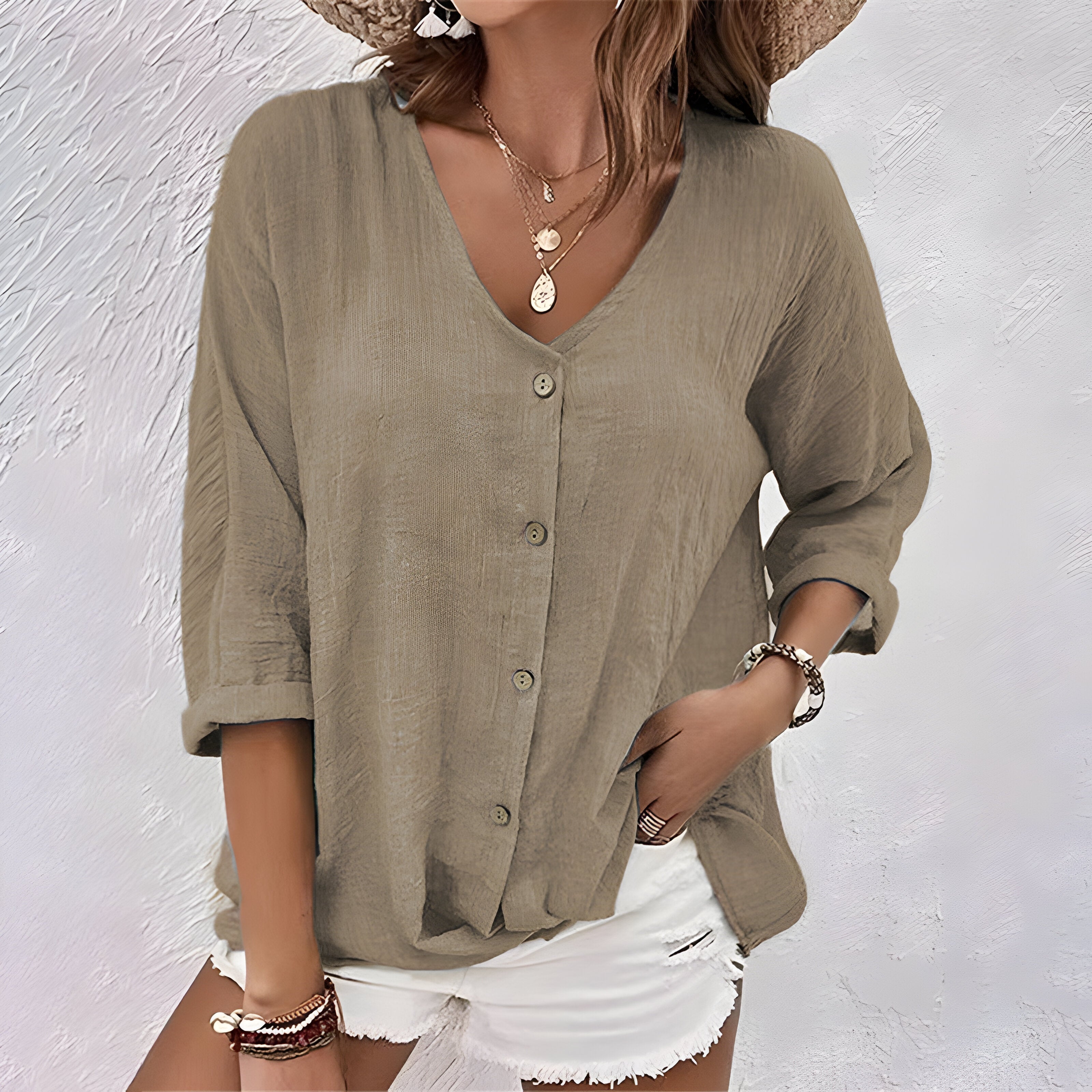 Relaxed Linen-Feel Button-Up Blouse for Spring