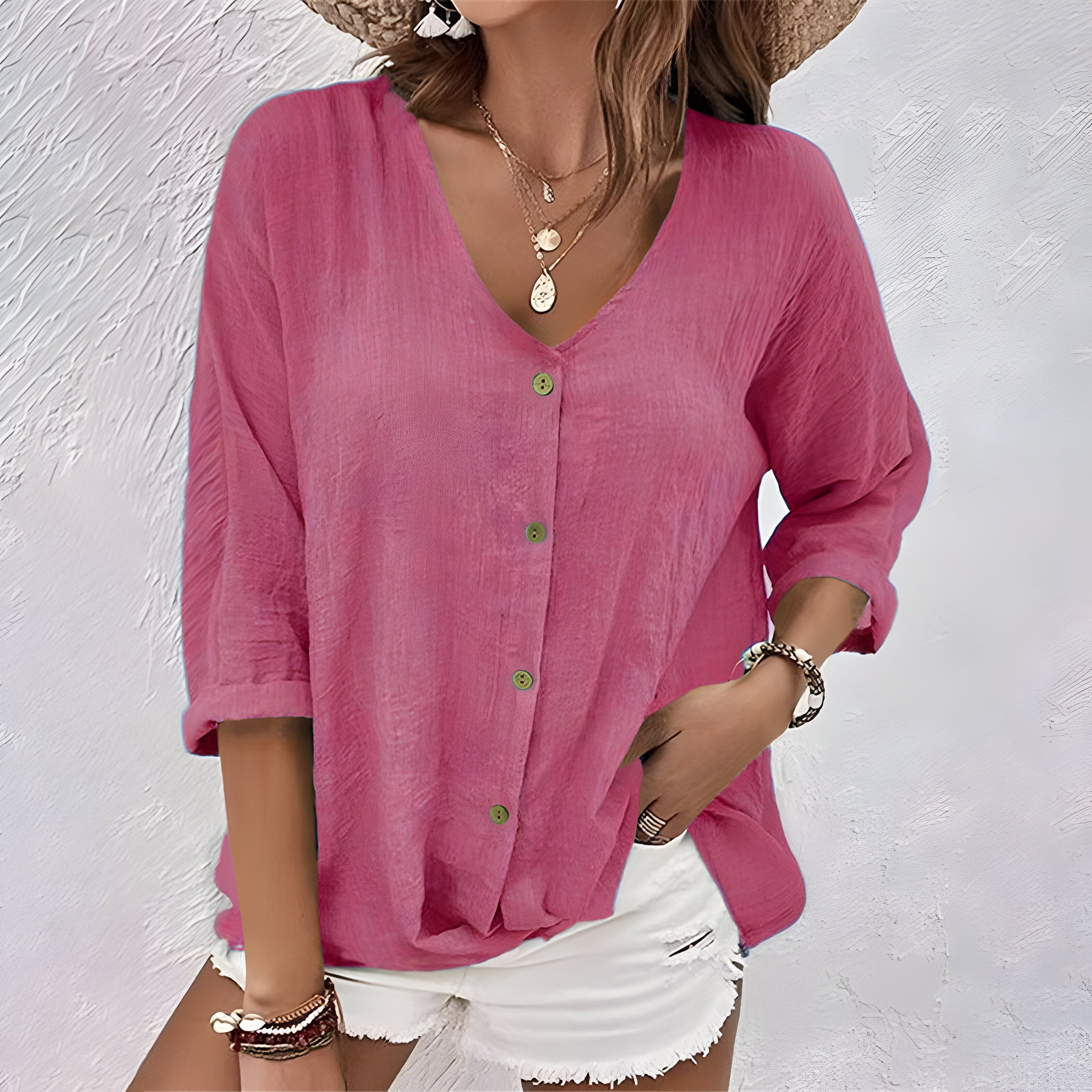Relaxed Linen-Feel Button-Up Blouse for Spring